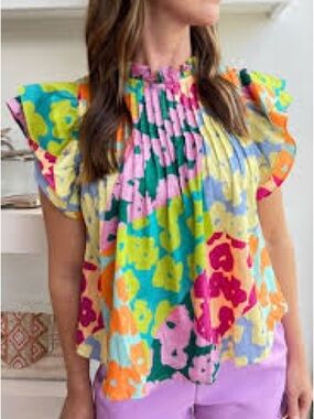 Amazon Floral Ruffled Sleeve Top in Turquoise, Pink, Yellow, Orange, Purple